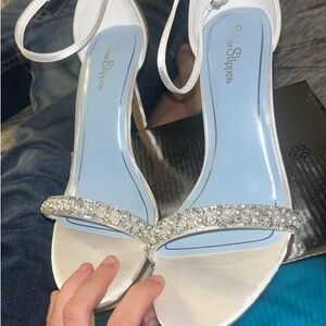 Silver Slipper White Heeled Sandals with Embellished Strap